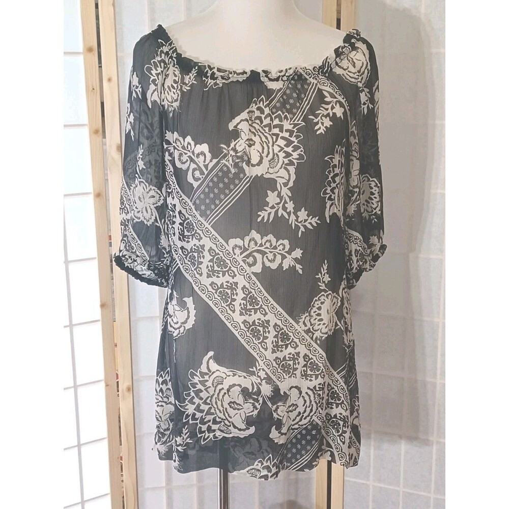 White House Black Market Black Floral Silk Sheer Peasant Blouse Tunic Size...